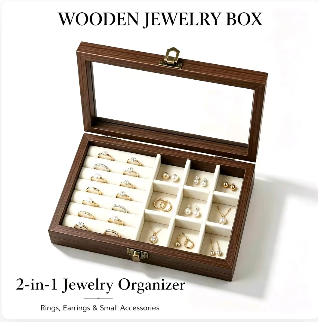 Men'S Accessories Drawer Organizer - منظم مجوهرات مخملي بنمط خشب الجوز
